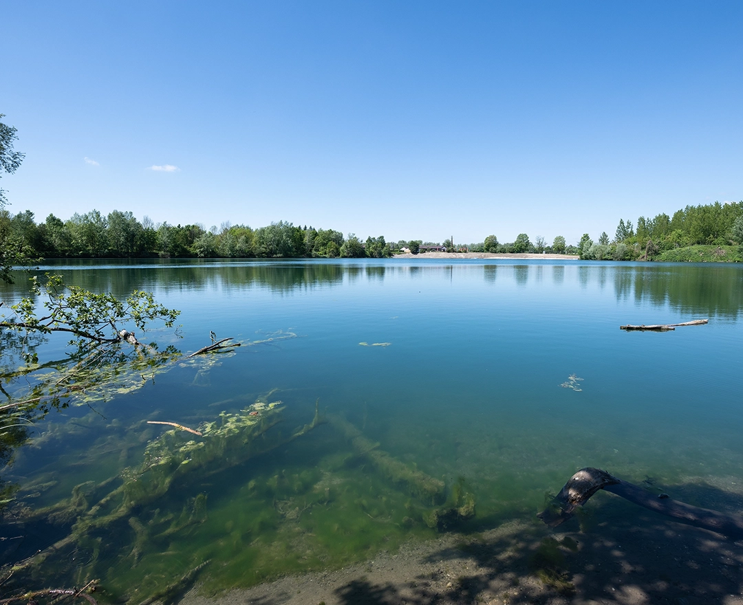 A bright blue sky is reflected in the water, which is part of the fish migration aid near Abwinden-Asten.